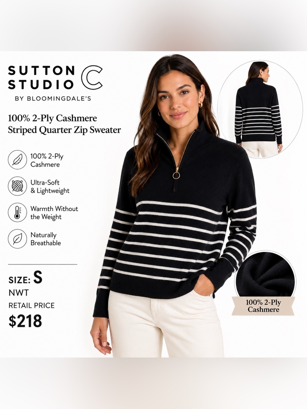 C by Bloomingdale's 100% 2-ply Cashmere Striped Quarter Zip Sweater S NWT